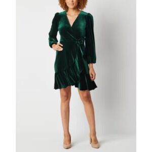 Melonie T Emerald Green Velvet Wrap Ruffle Dress Puff Sleeve